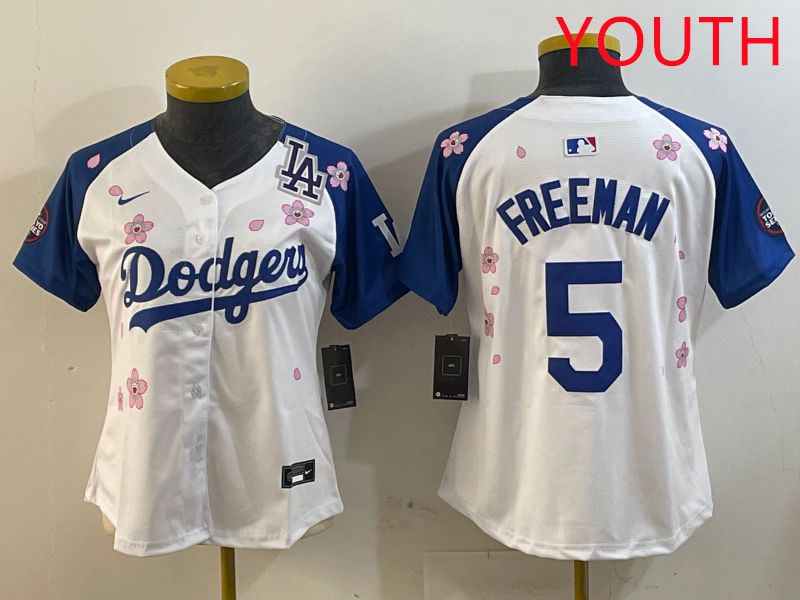 Youth Los Angeles Dodgers #5 Freeman White Blue Sakura Edition 2025 Nike MLB Jersey style 5